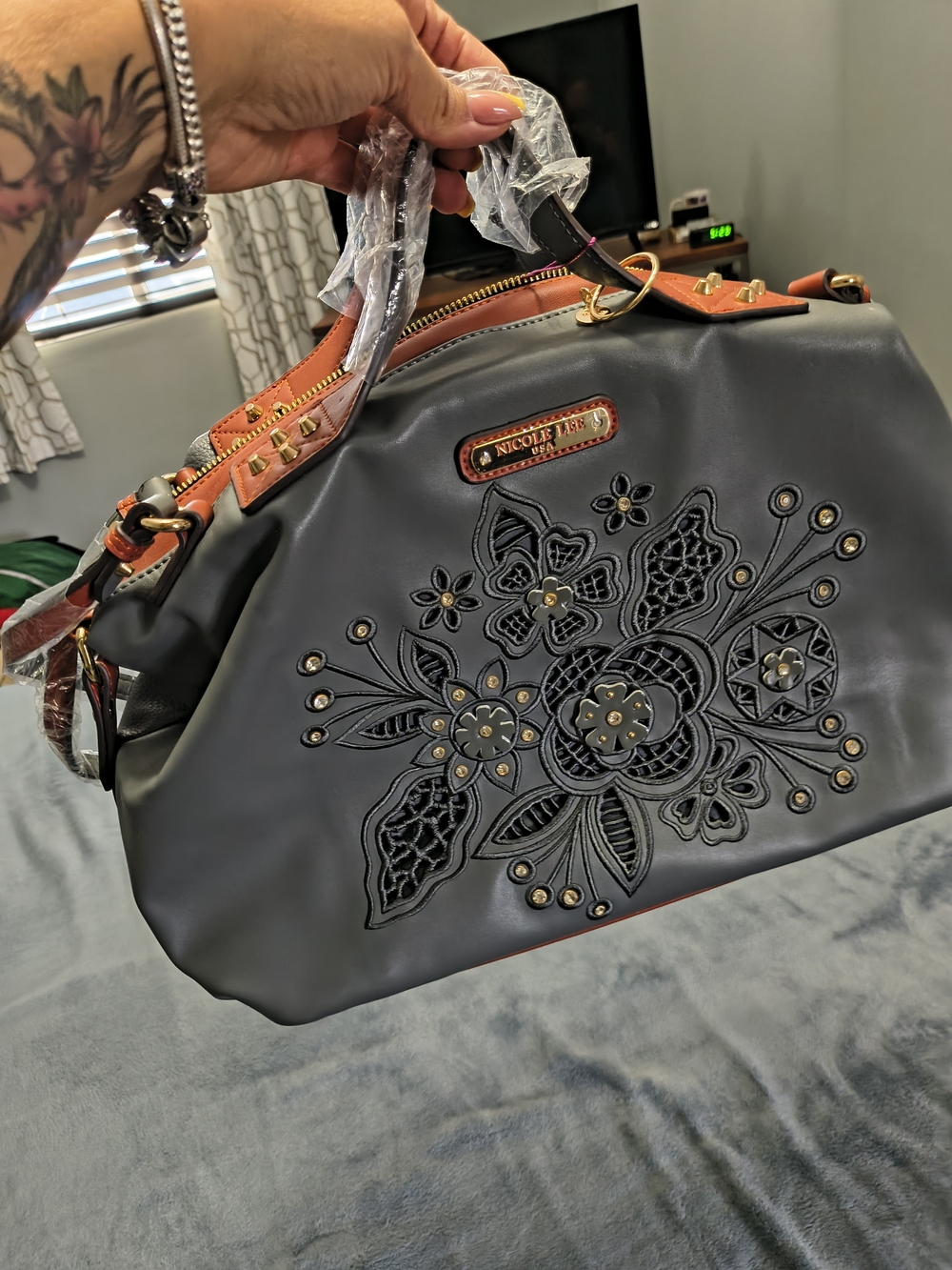 Nicole Lee Gray Floral Embossed Satchel with Tan Trim